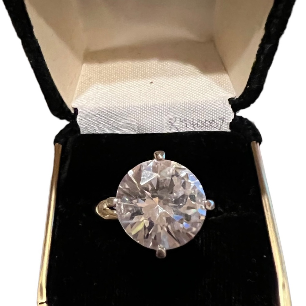 Solitaire Ring Round Large CZ stone Filigree Lacework on Box/Prongs Silver Plate - Picture 7 of 14